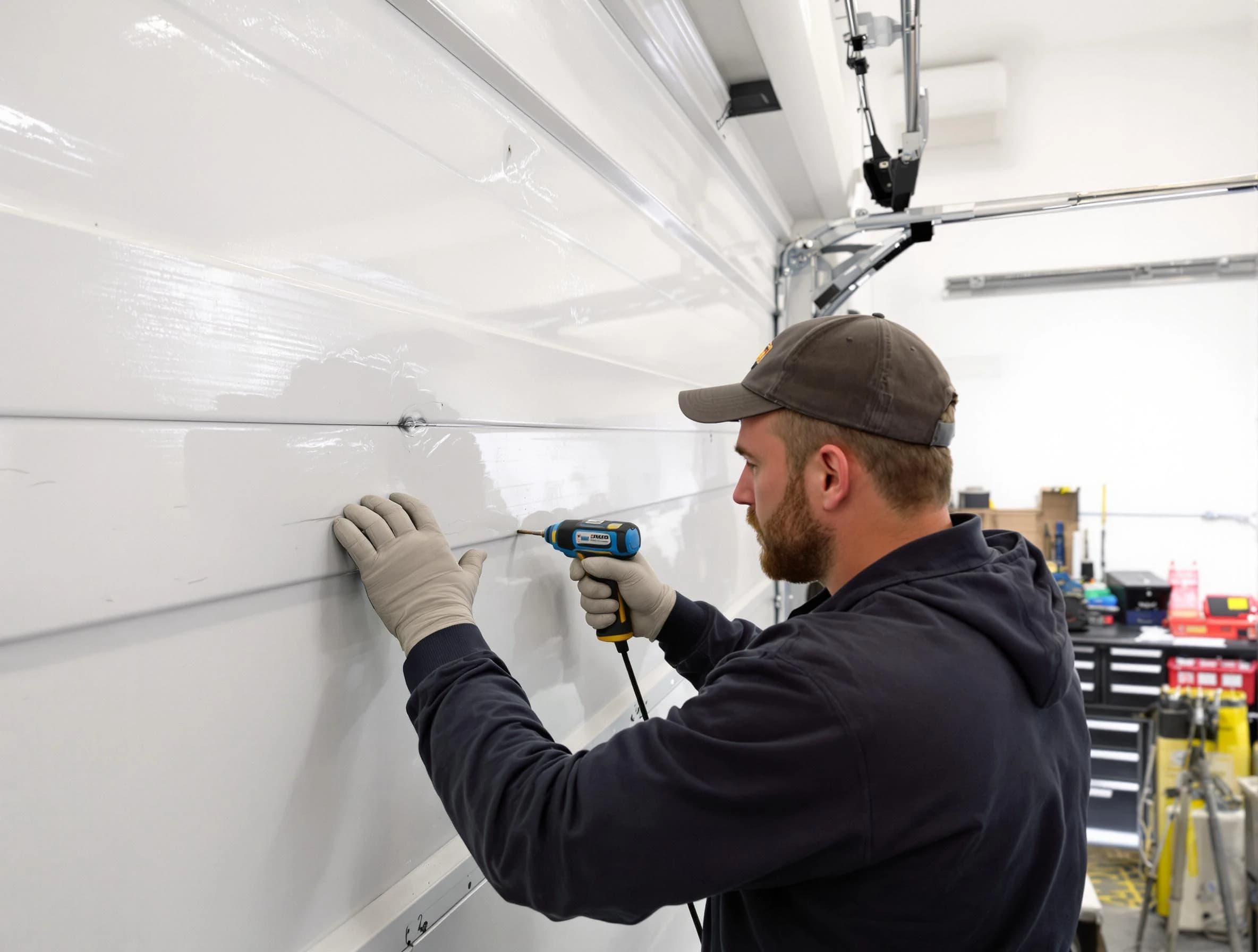 South Fulton Garage Door Repair technician demonstrating precision dent removal techniques on a South Fulton garage door